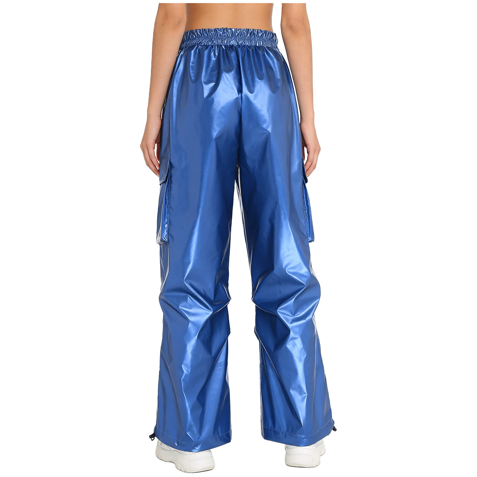 Women Jazz Hip-hop Dance Long Pants Metallic Shiny Elastic Waistband Pockets Drawstring Legs Cargo Pants Trousers for Party Club