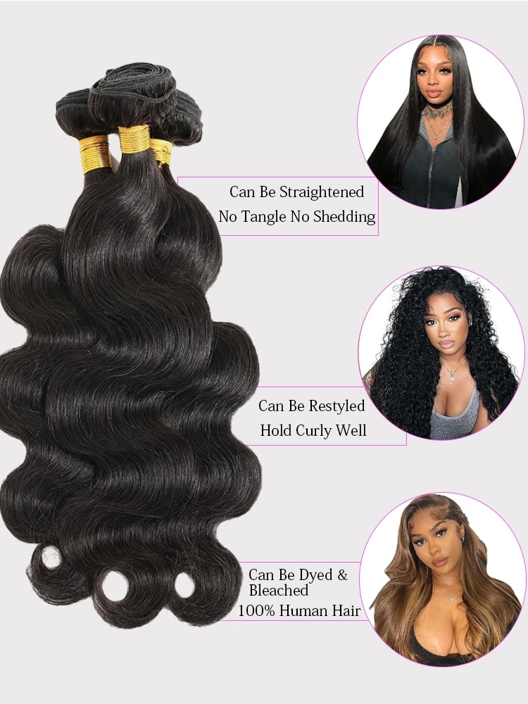 Black Body Wave Brazilian Human Hair Bundles 100% Unprocessed Virgin Hair Weave Extensions 14 16 18 20 30 36 Inches Human Hair image 5