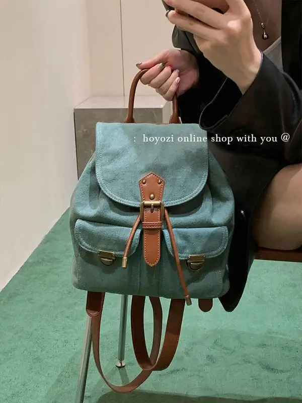 Denim Backpack Women\'s Shoulder Bag Canvas Bookbag Handheld Unisex Cowboy Leisure Leather Strap Vintage England Classic Handbag