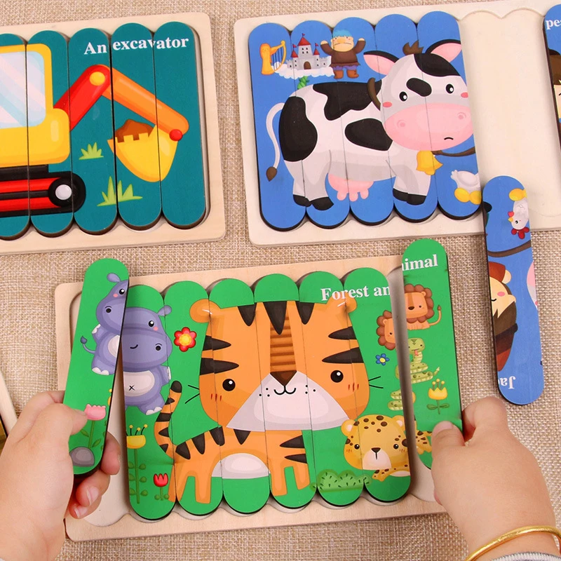 

Double Sided Wooden Strip 3D Puzzle Cartoon Animal Toys Children Wooden Montessori Materials Educational Toys Learning Toys