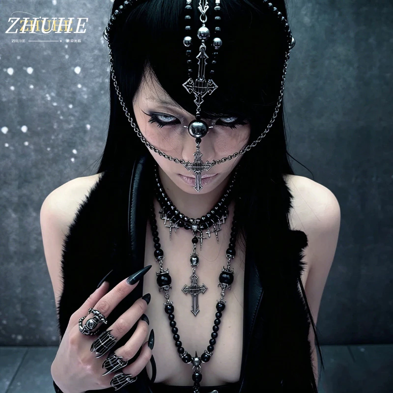 Alternative Gothic Jewelry Accessories for Men Women, Artisan Copper Multi-Layer Necklace, Unique Spiked Beaded Choker for Festi
