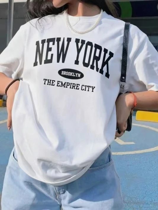 2026 Women Versatile Daily Streetwear T-Shirt, New York Varsity Letter Graphic Print Tee, Crew Neck Short Sleeve Loose Fit Basic Tops For Summer Daily Outfit