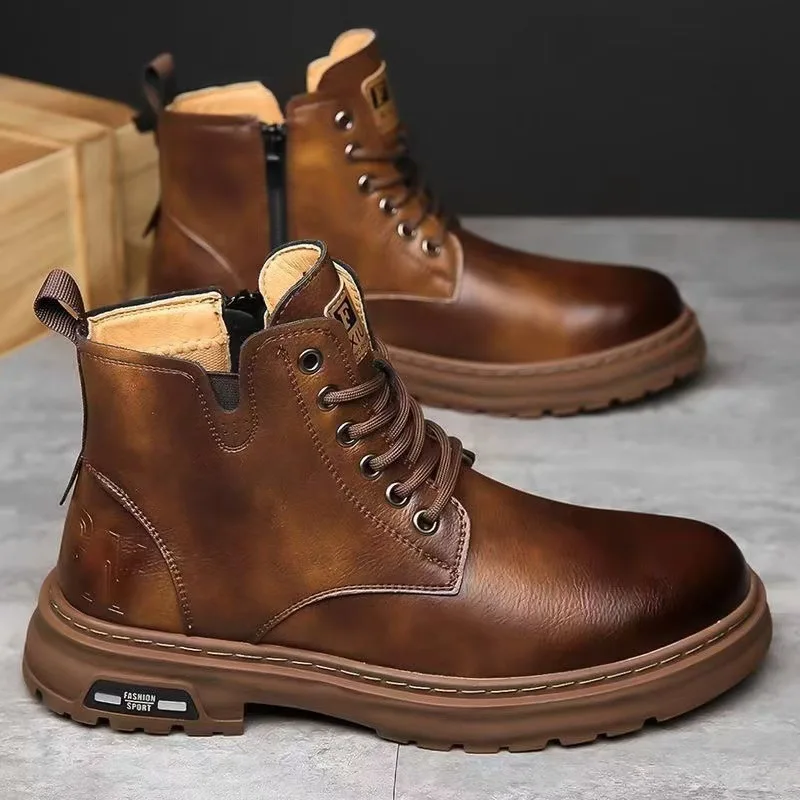 

New Trendy Men Boots Autumn Genuine Leather British-style Work Shoes Thick-soled High-top Motorcycle Boot Man Zapatos De Charol