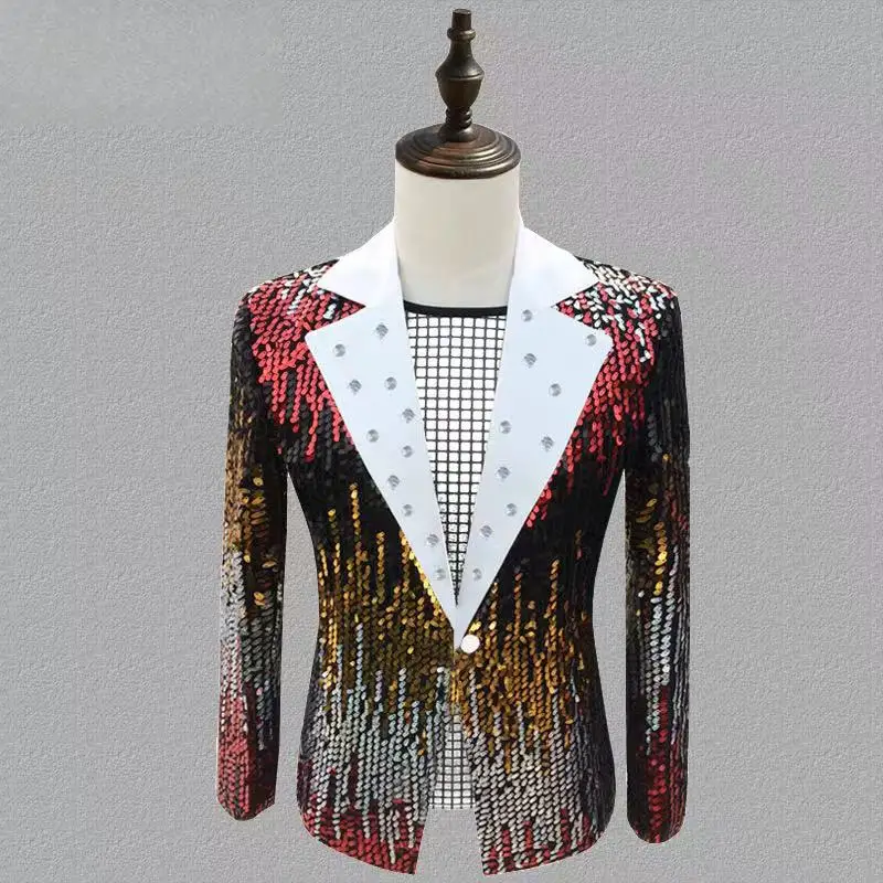 

Luxury Fantasy Blue Red Gold Sequins One Button Suit Coat Nightclub Bar Male Singer DJ Hip Hop Dance Stage Performance Clothing