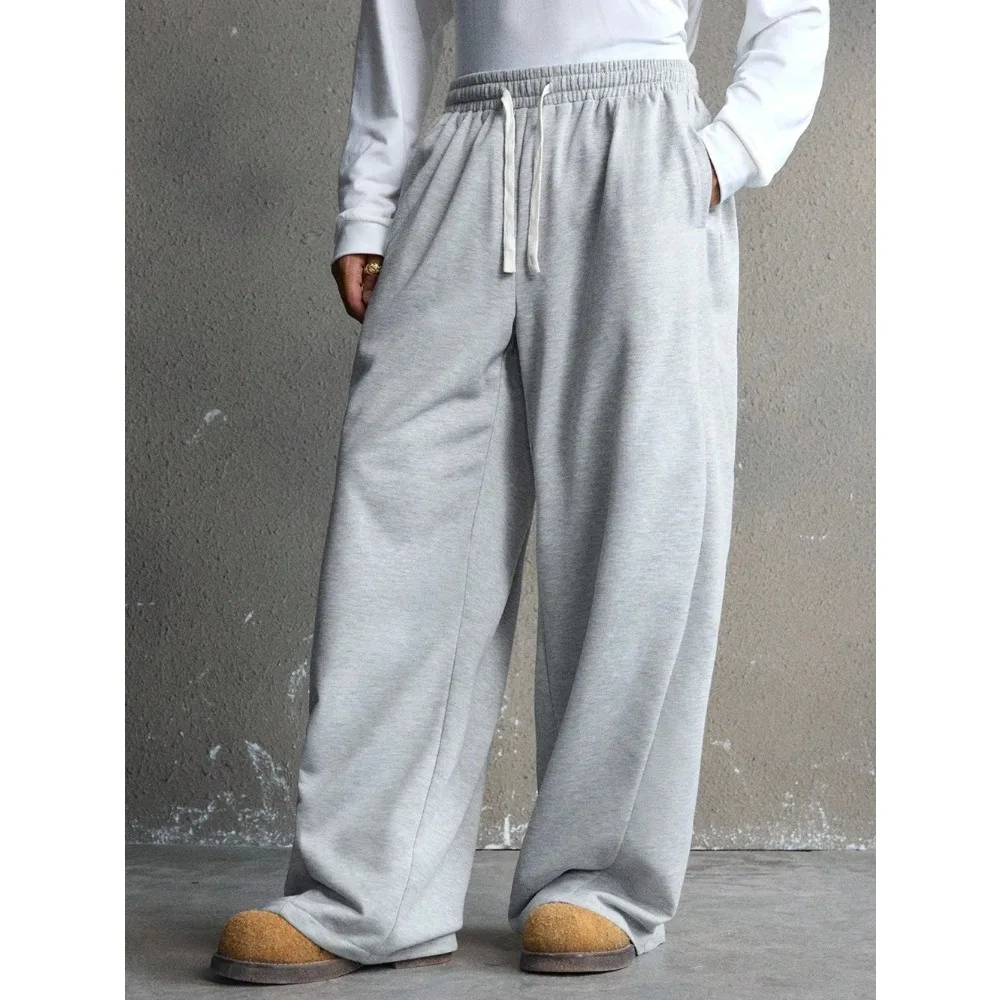 Męskie spodnie dresowe na co dzień, do dojazdów do pracy, proste, jednokolorowe, ze sznurkiem w pasie, z kieszeniami skośnymi, luźne, z szerokimi nogawkami, z czystej bawełny, casualowe.