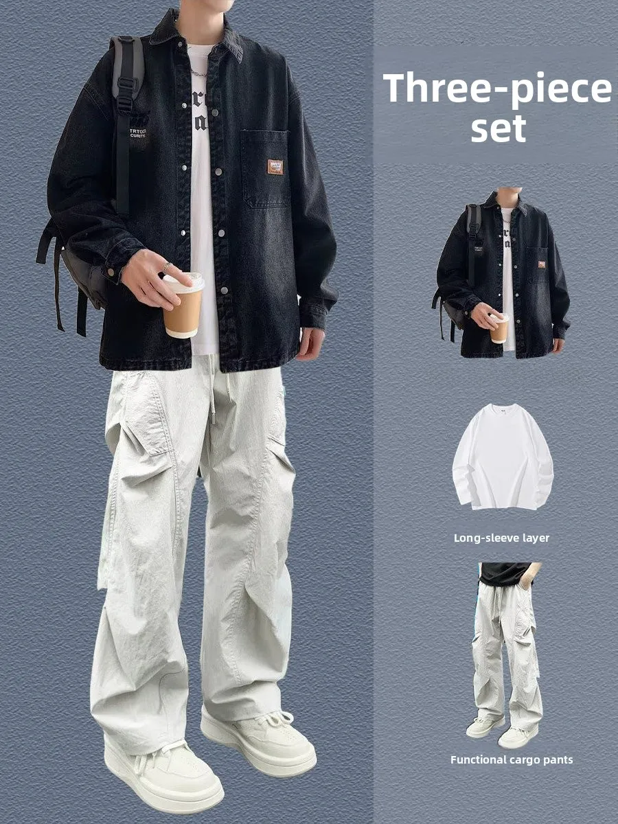 Spring Autumn New Style Men's Casual Denim Shirt Cool Teenager Leisure Jacket Set Long Sleeve Long Pants Fashionable Outfit view 4
