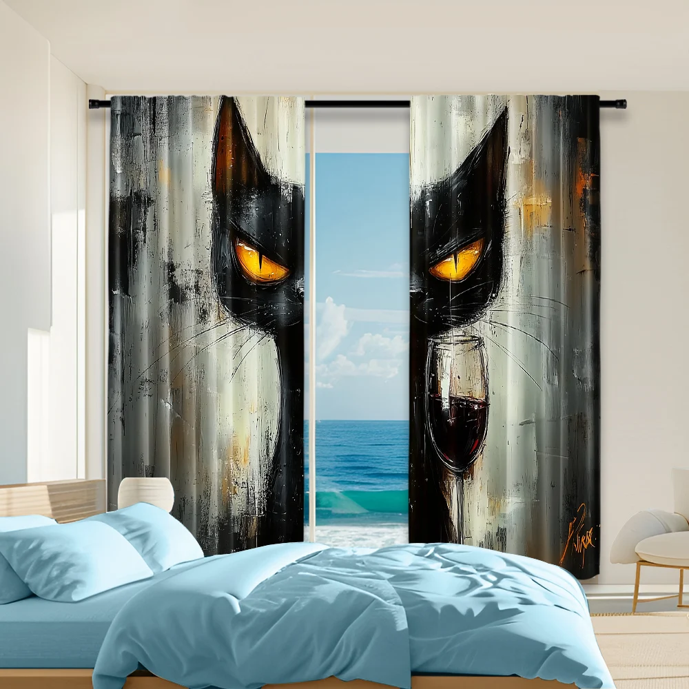 2 pcs, versatile polyester transparent curtains for home decoration Chic Black Cat for use in bedrooms and living rooms