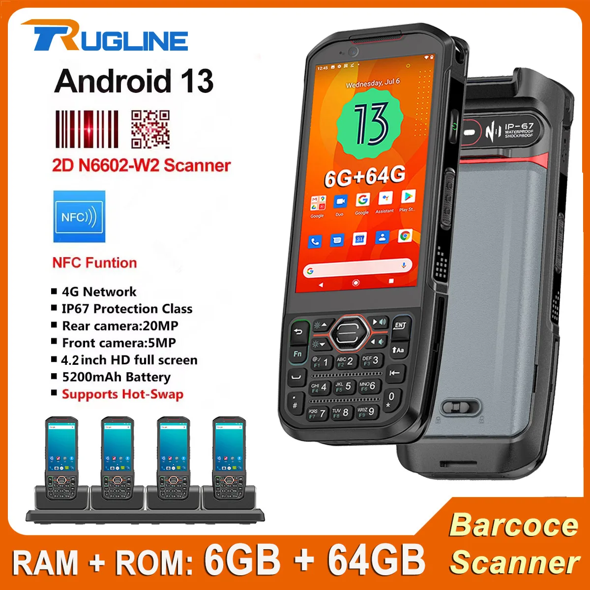Android 13 2D Barcode Scanner MTK6769 5200mAh Battery Hot Swap Handheld Scanner 6GB+64GB Rugged PDA Handheld Computer 4G