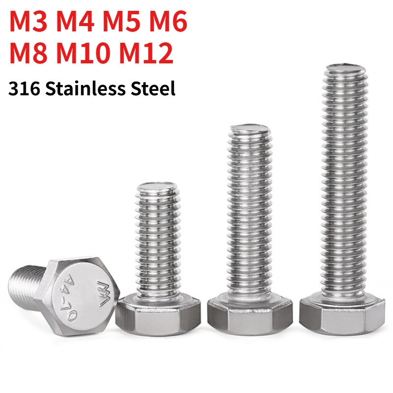 M3 M4 M5 M6 M8 M10 M12 316 Stainless Steel Full Thread Hex Head Bolt DIN933 A4-70 Hexagon Screw Full Tooth Outer Hex Bolt