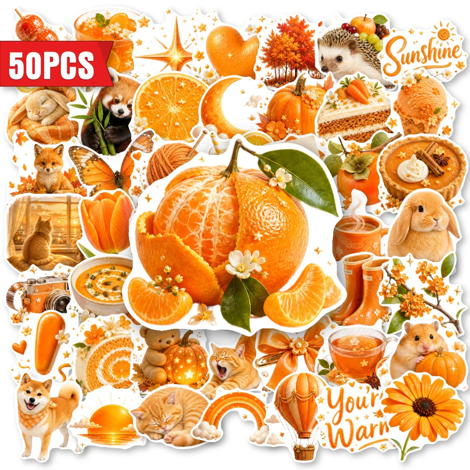 50 Sheets Waterproof Warm Orange Autumn Scene Animal Food Stickers, DIY for Journals, Notebooks, Scrapbooks