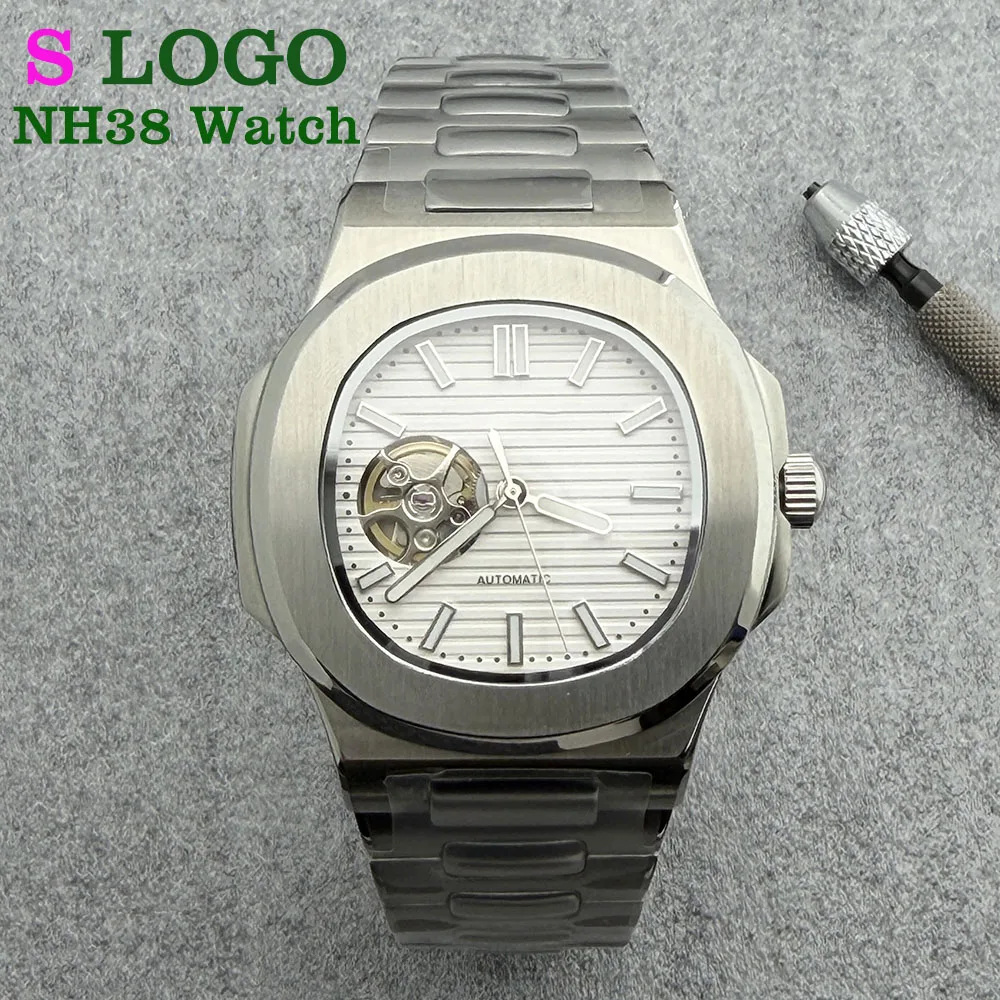 

Новые мужские часы NH38 из нержавеющей стали с полым циферблатом для механических часов Nautilus, механизм NH38, логотип S, сапфировое стекло.