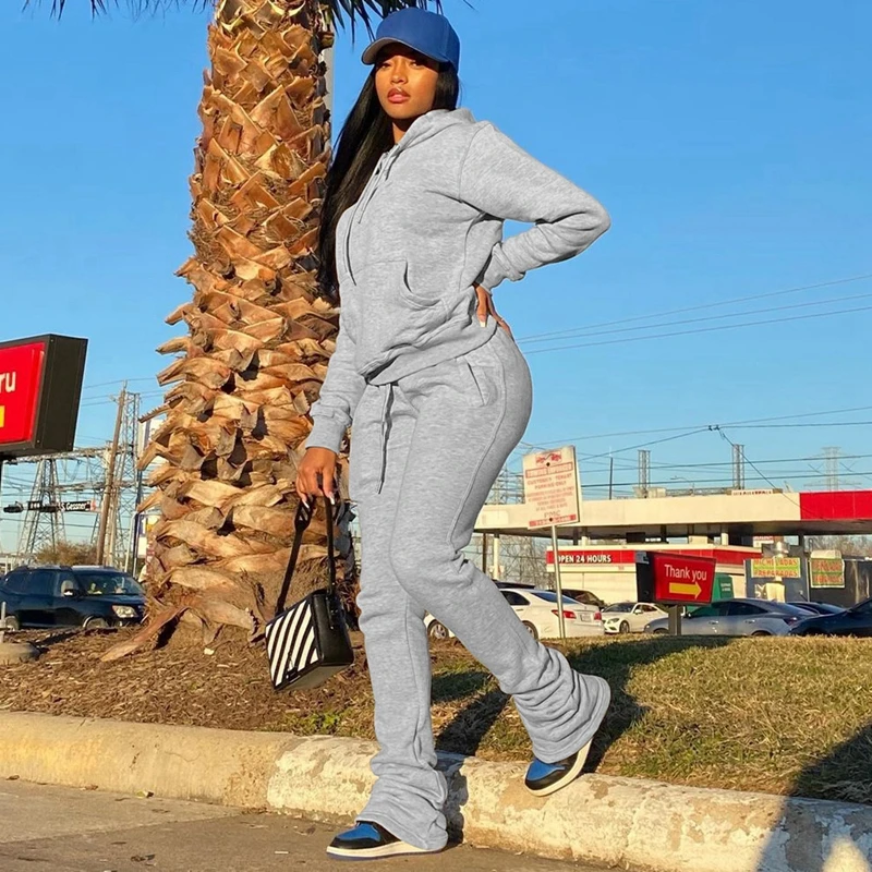 Grey Hoodie Tracksuit Women Set Winter Thick Sweatshirts and Stacked Sweatpants Jogger Set Sport Two Piece Sweatsuits for Women