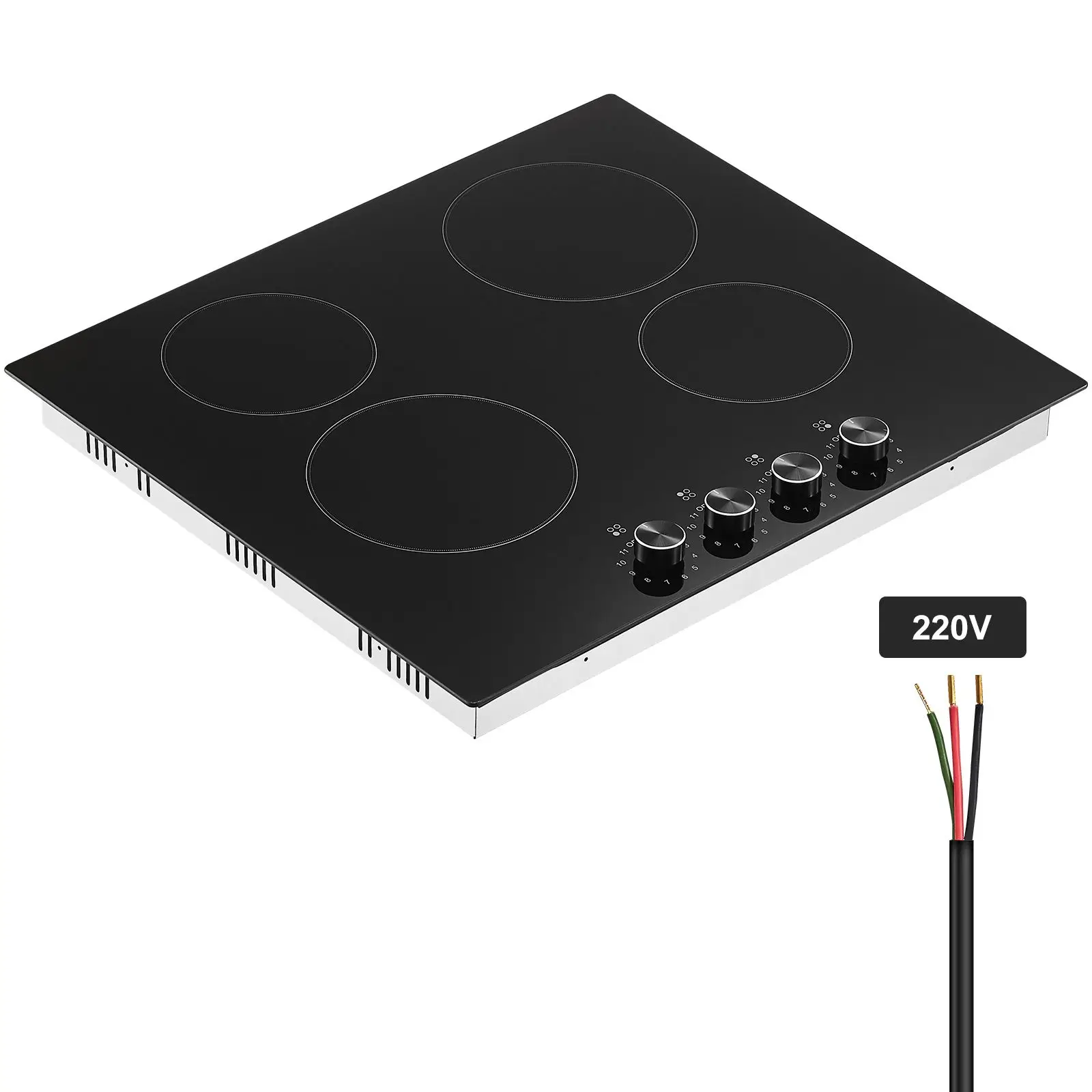 Electric Cooktop, 24 inch 4 Burners Built-in Electric Stove Top, 6000W Ceramic Top Radiant Cooktop, with Glass Panel, Knob Contr