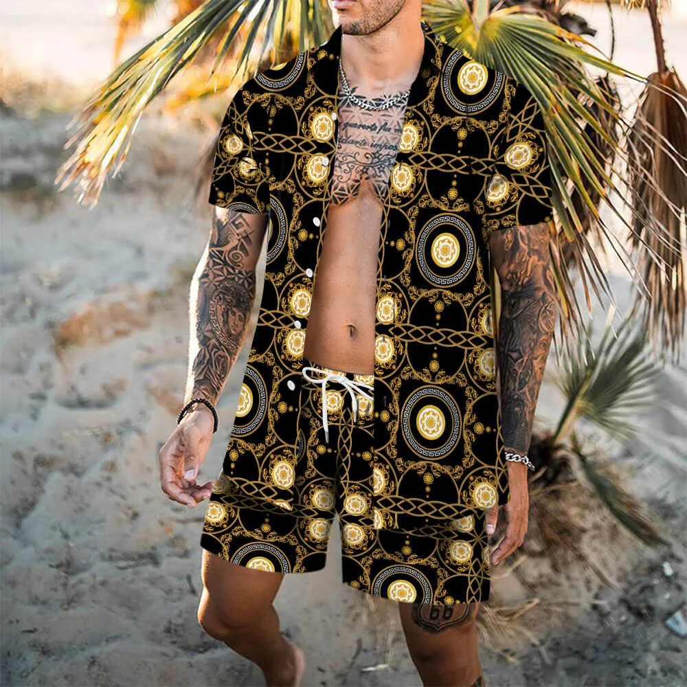 Luxus Leoparden muster Set Herren 2 Stück Shirt Shorts 3D-Druck lose Freizeit Kurzarm Strand hemd Urlaub Mode zweiteilig Set