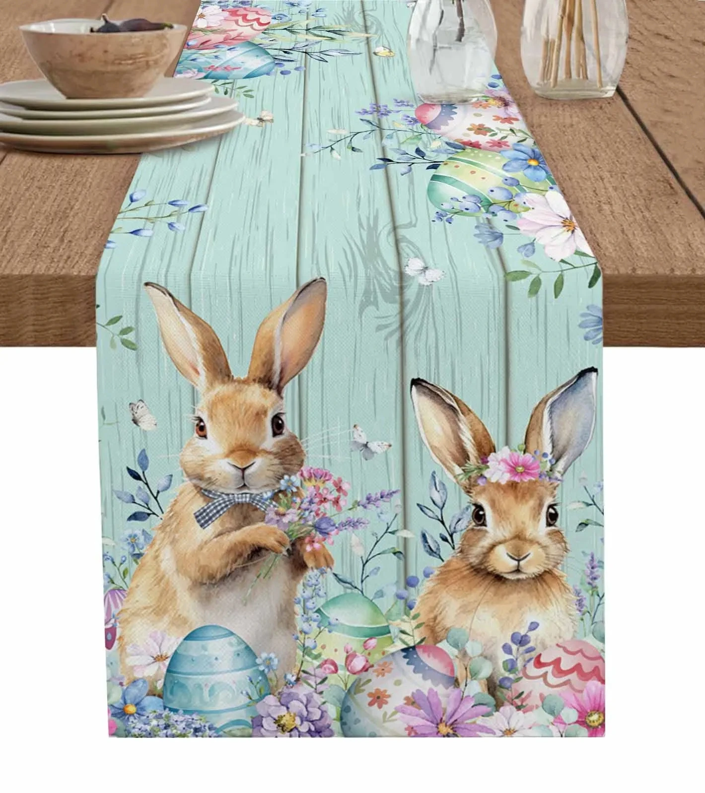 Easter Spring Rabbits Egg Flower Wood Grain Linen Table Runners Dining Coffee Table Runner Washable Kitchen Holiday Party Decor