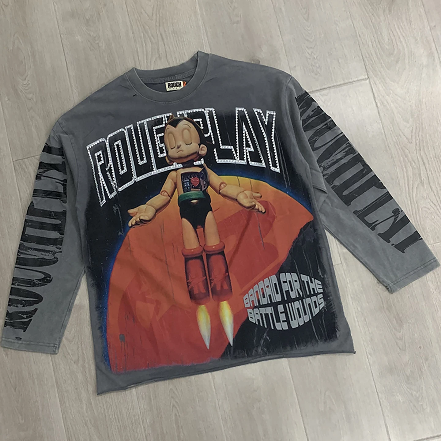High Street American Hip Hop Cartoon Anime Letter Print Rhinestone Loose Fit round Neck Long Sleeve T-Shirt for Men And Women