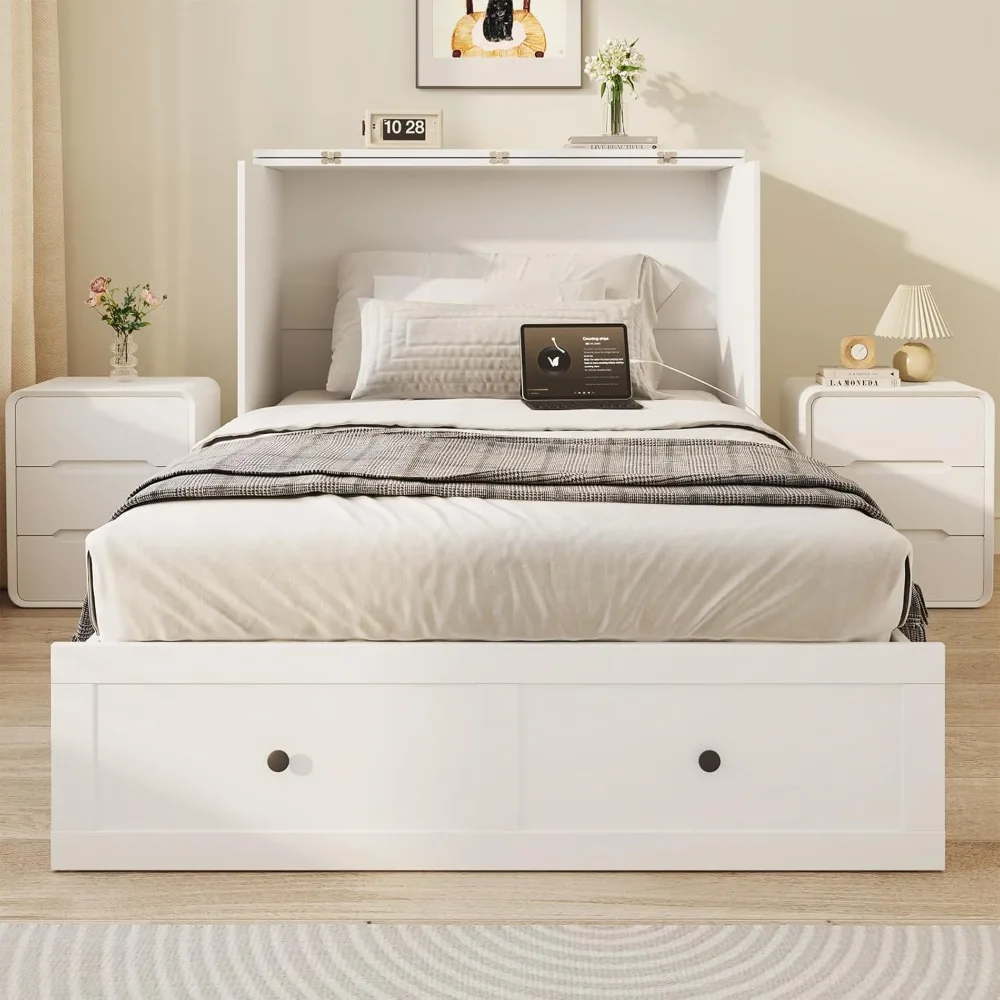 سرير توأم ميرفي مع قاعدة شحن مدمجة، سرير ميرفي موفر للمساحة مع درج، قابل للطي، لضيوف المكتب المنزلي