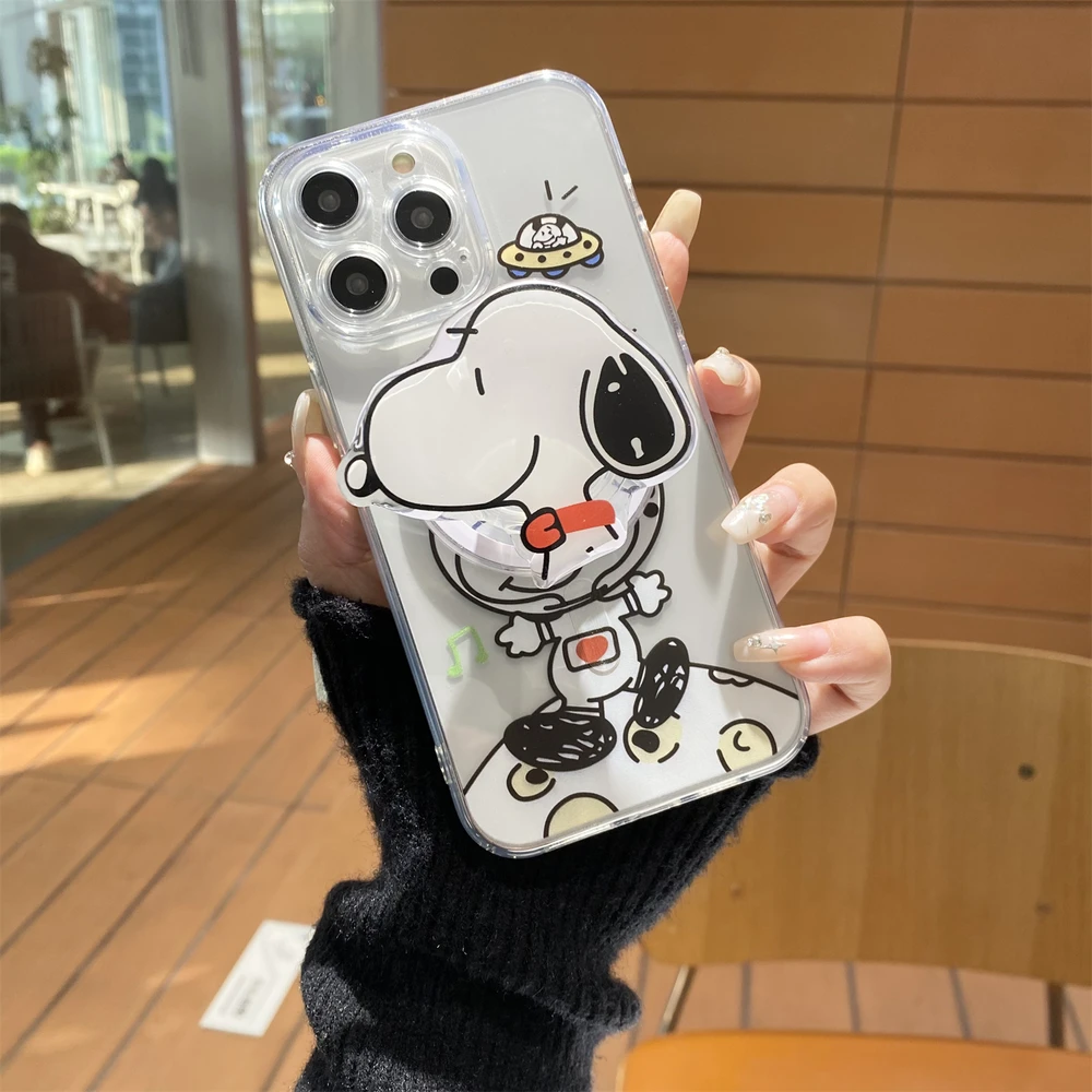 Cute Astronaut Snoopy Magnetic Holder Magsafe Wireless Charge Transparent Phone Case For  iPhone 17 16 15 14 13 Pro Max Cover