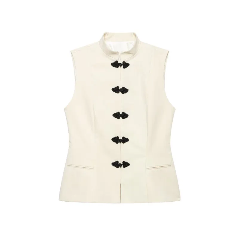 Women's Fitted Top New 2026 Summer Simple O-neck plate buckle Sleeveless Button Women Wasitcoat Casual Solid Female Slim Tops