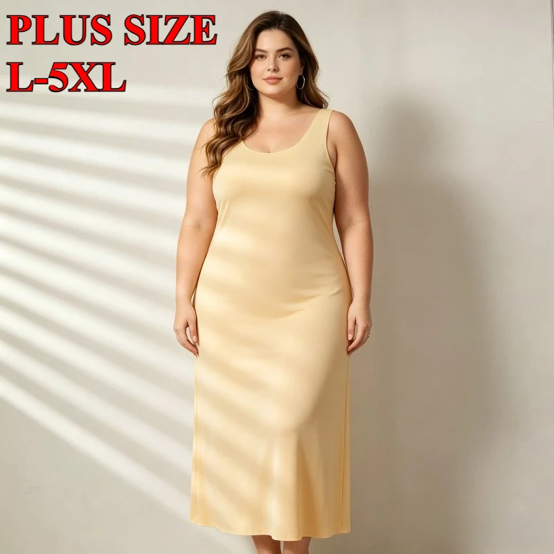Plus Size Full Slips Dresses For Women Thin Seamless Ice Silk Summer Petticoat Underskirt Dress Sleeveless Inner Vest Dress 5XL