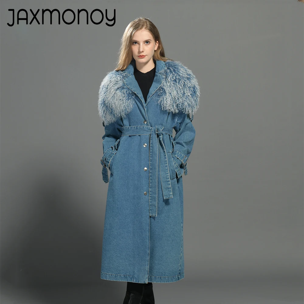 

Jaxmonoy Women's Denim Trench Coat With Real Mongolian Sheep Fur Collar Spring Ladies Long Denim Windbreak Autumn New Outwear