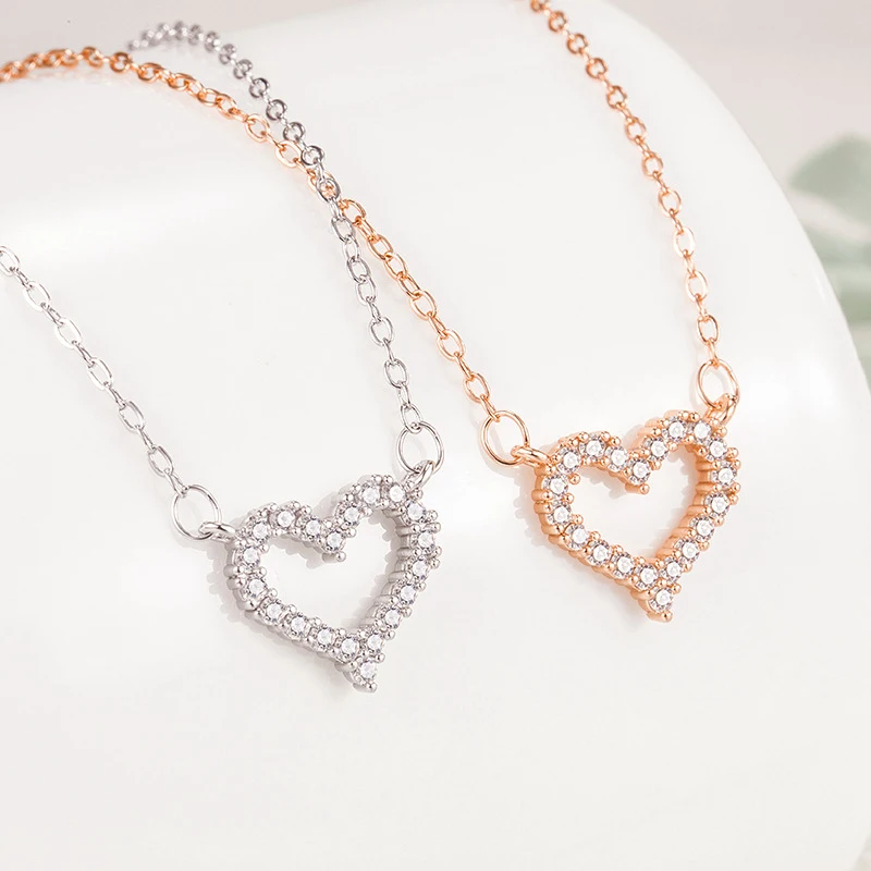 Hot Sale Fashion 925 Sterling Silver Heart Zircon Pendants Necklaces Women Jewelry Birthday Gift Rhinestone Charm Clavicle Chain
