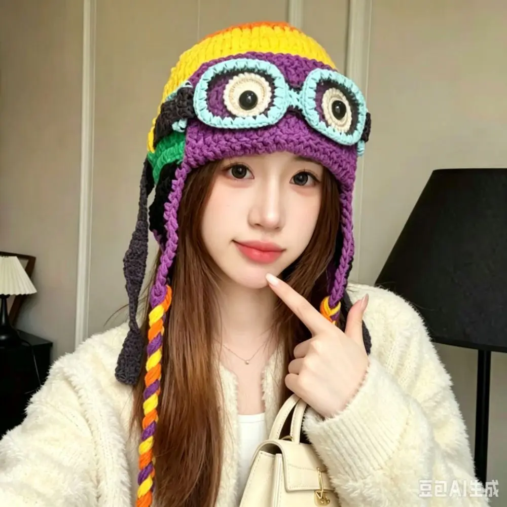Casual Windproof Winter Pilot Hat With Goggles Crocheted Beanie Knitted Beanie Warm Plush Earflap Cap Autumn Winter
