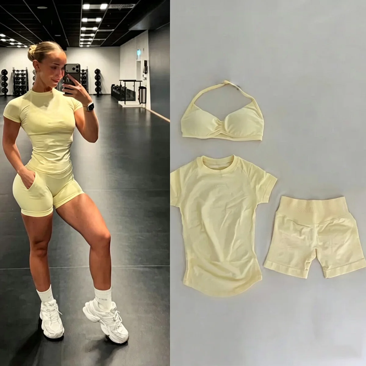 3PCS Denyf Sports Gym Set: Strap-Back Bra, Seamless Short-Sleeve Top, and Cycling/Running Shorts ,Women’s Athletic Yoga Ensemble