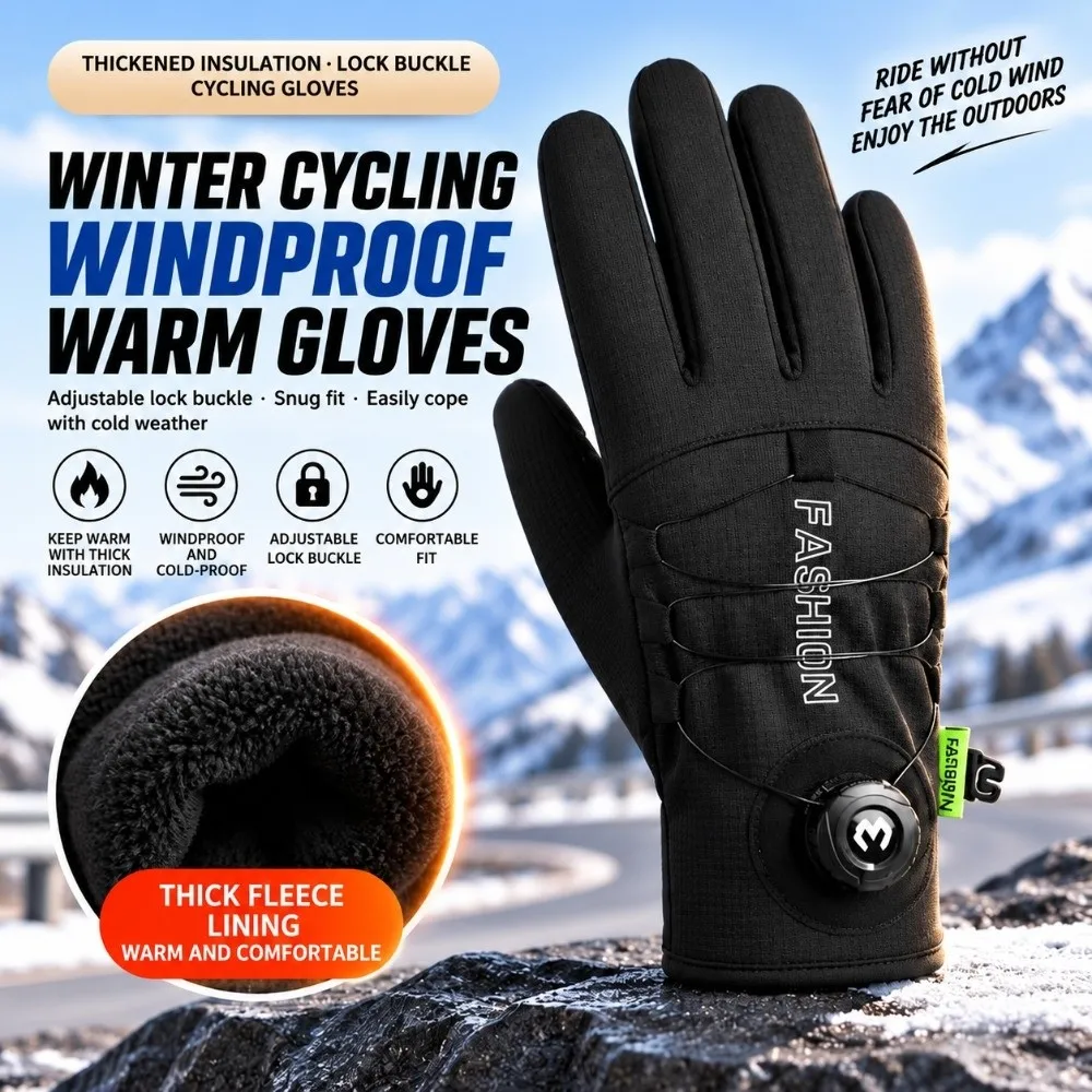 1pair Fleece Lined Cycling Gloves Thermal Warm Waterproof Windproof Motorcycle Gloves Anti-Slip Adjustable Rotary Buckle