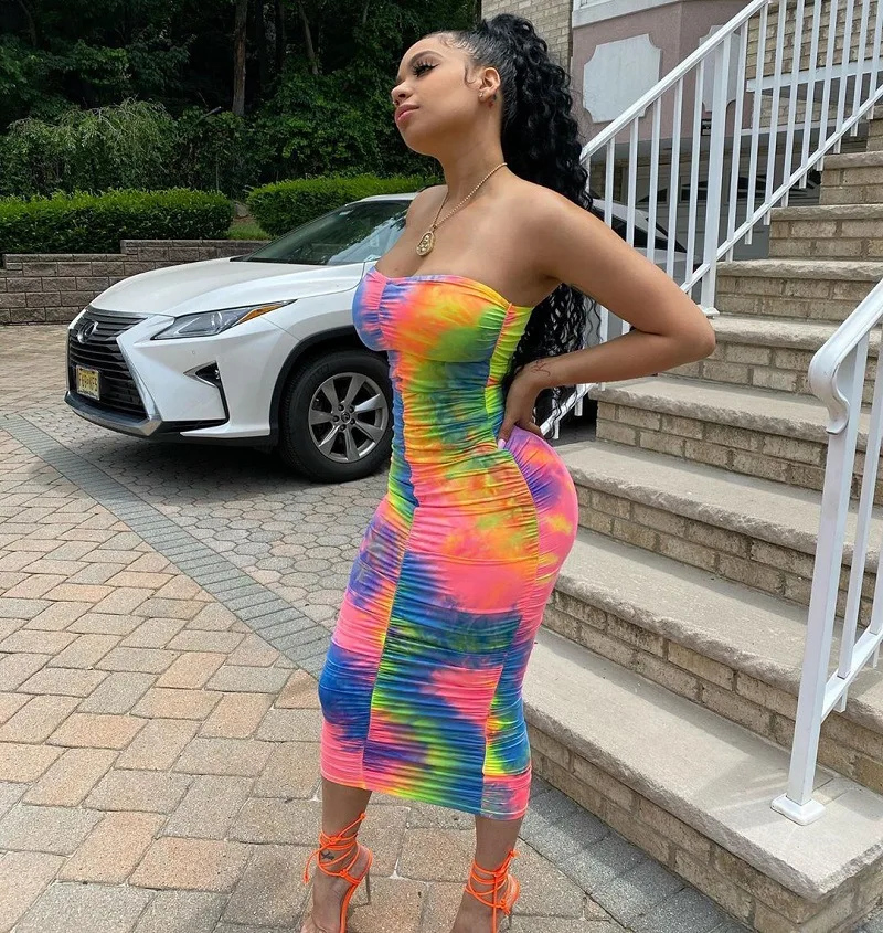 

SKMY 2024 New Women Clothing Summer Fashion Printed Tie Dye Dress Sexy Club Outfit Party Strapless Bodycon Midi Dress