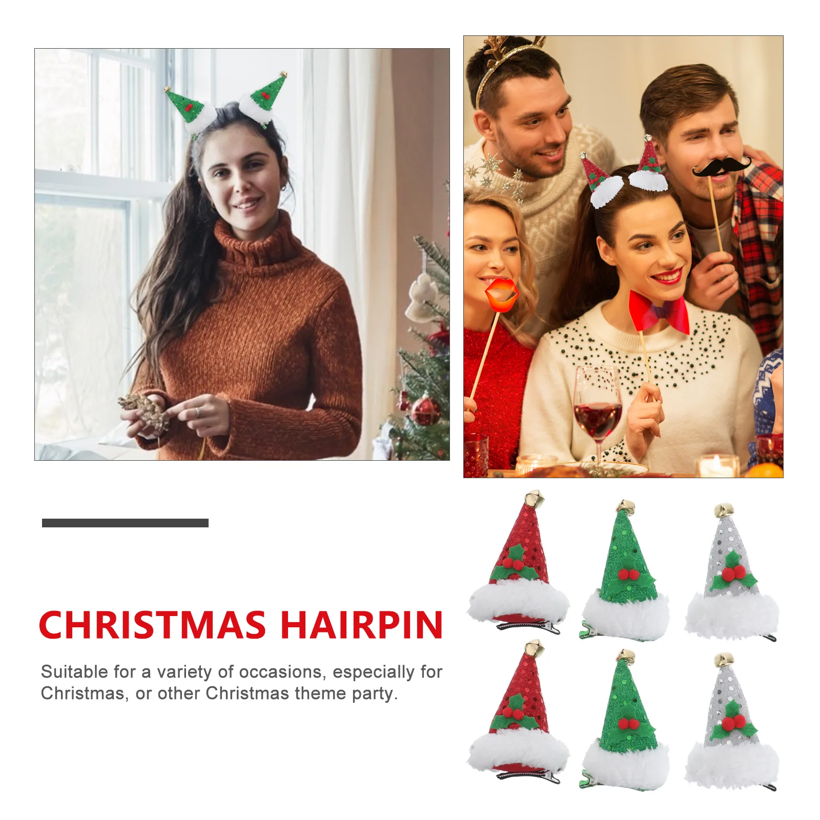 

6pcs Glitter Christmas Hat Hairpin Durable Sparkly Headwear For Festive Party Accessory Small Hat Hairpin Christmas Hair