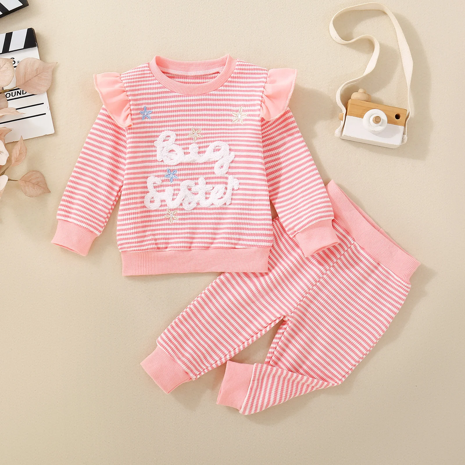 

Autumn Winter Unisex Baby Toddler Pink Striped Floral Letter Print Long Sleeve Top with Striped Pants Set Infant Outfit