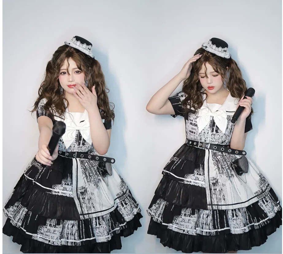 Goth Punk Age Reduction College Lolita Short Sleeve Dress Fashion High Waist A-line Versatile Navy Collar Print Cake Dresses