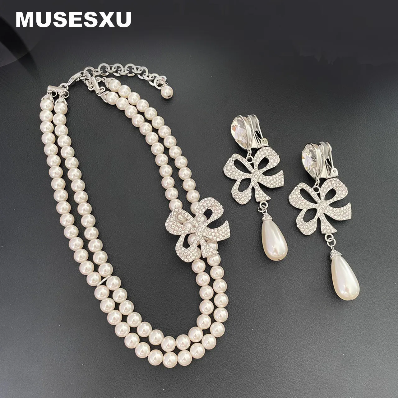 Jewelry & Accessories Retro Romance Style Crystal Bow Double Layered Pearl Necklace For Women's Party Wedding Gifts