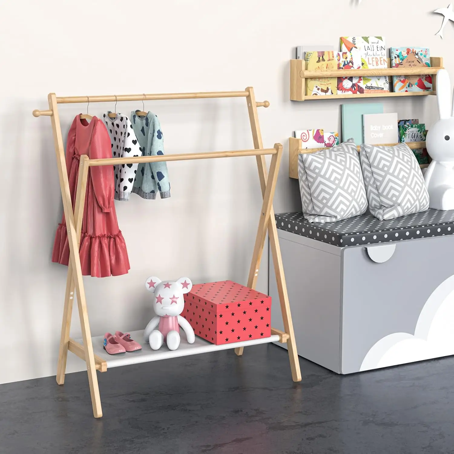 Foldable Kids Clothes Rack with Storage Shelf & Double Rods for Nursery and Playroom