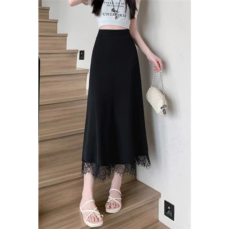 

High Waist Midi Lace Fish Tail Patchwork Skirt Slimming Hip Covering Spring Summer Black Half Body Skirt Floral Print Commute...