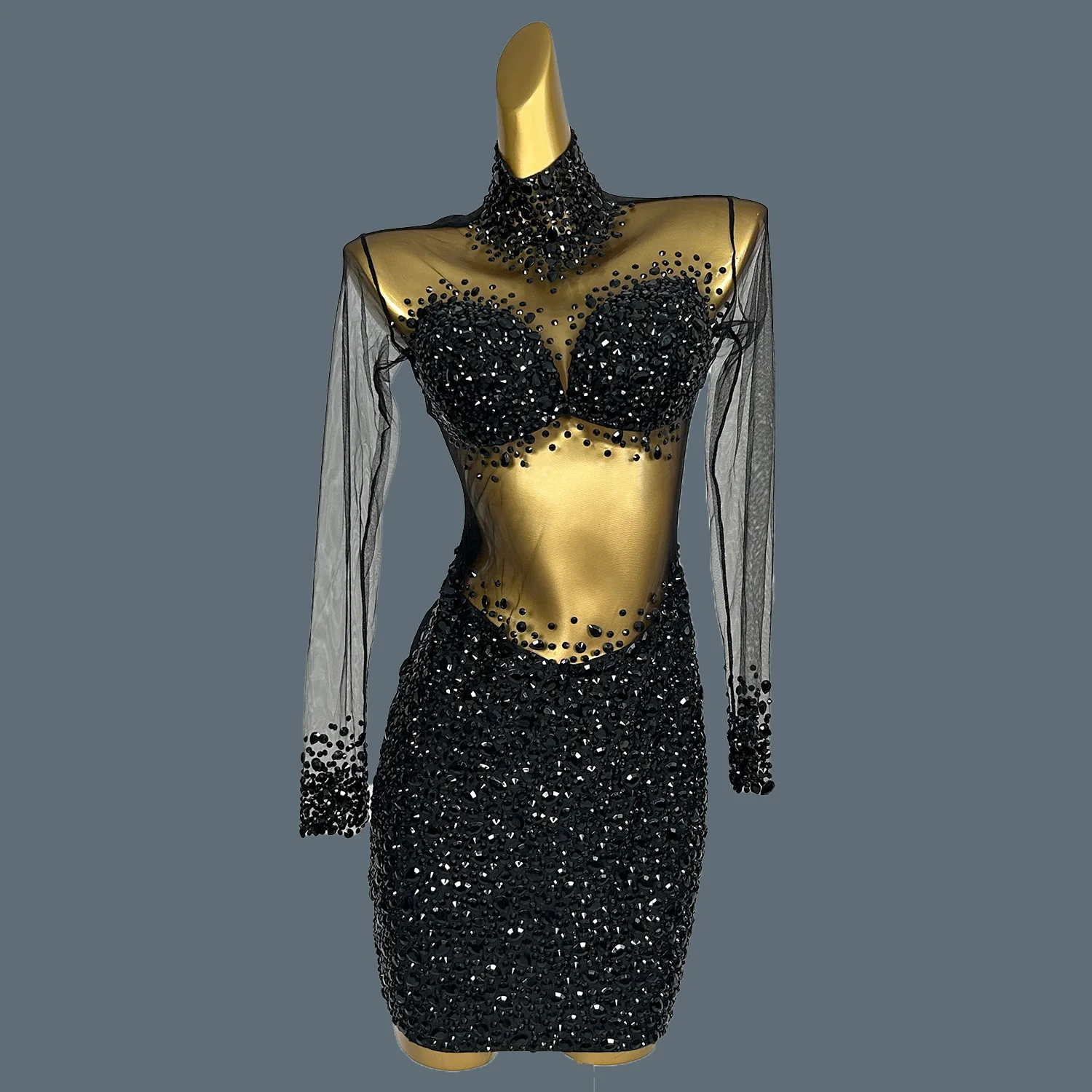 Vestido corto transparente de diamantes de imitación negros para mujer, vestido de fiesta de cristales de perforación en caliente, disfraz de Drag Queen de escenario de reina de cumpleaños, Wangshazuan