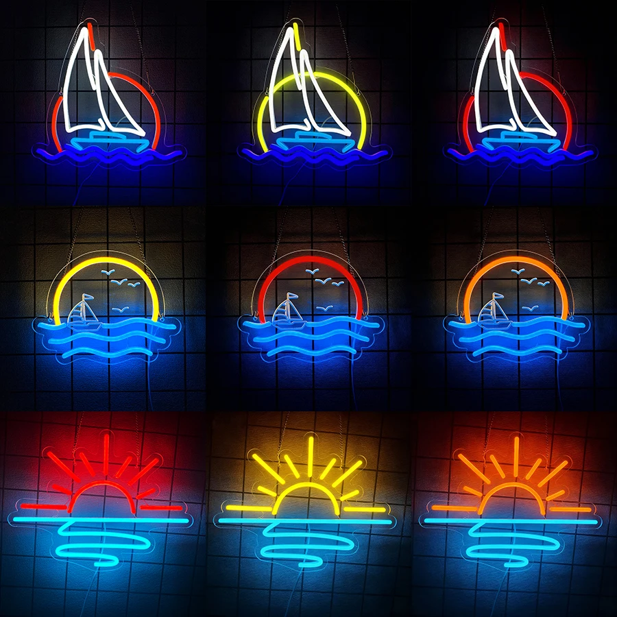 Sunset Sunrise Neon Sign For Wall Decor,Sailboat LED Neon Light Sign For Beach Bedroom, Living Room,Bar Party,Home Room,USB Sign