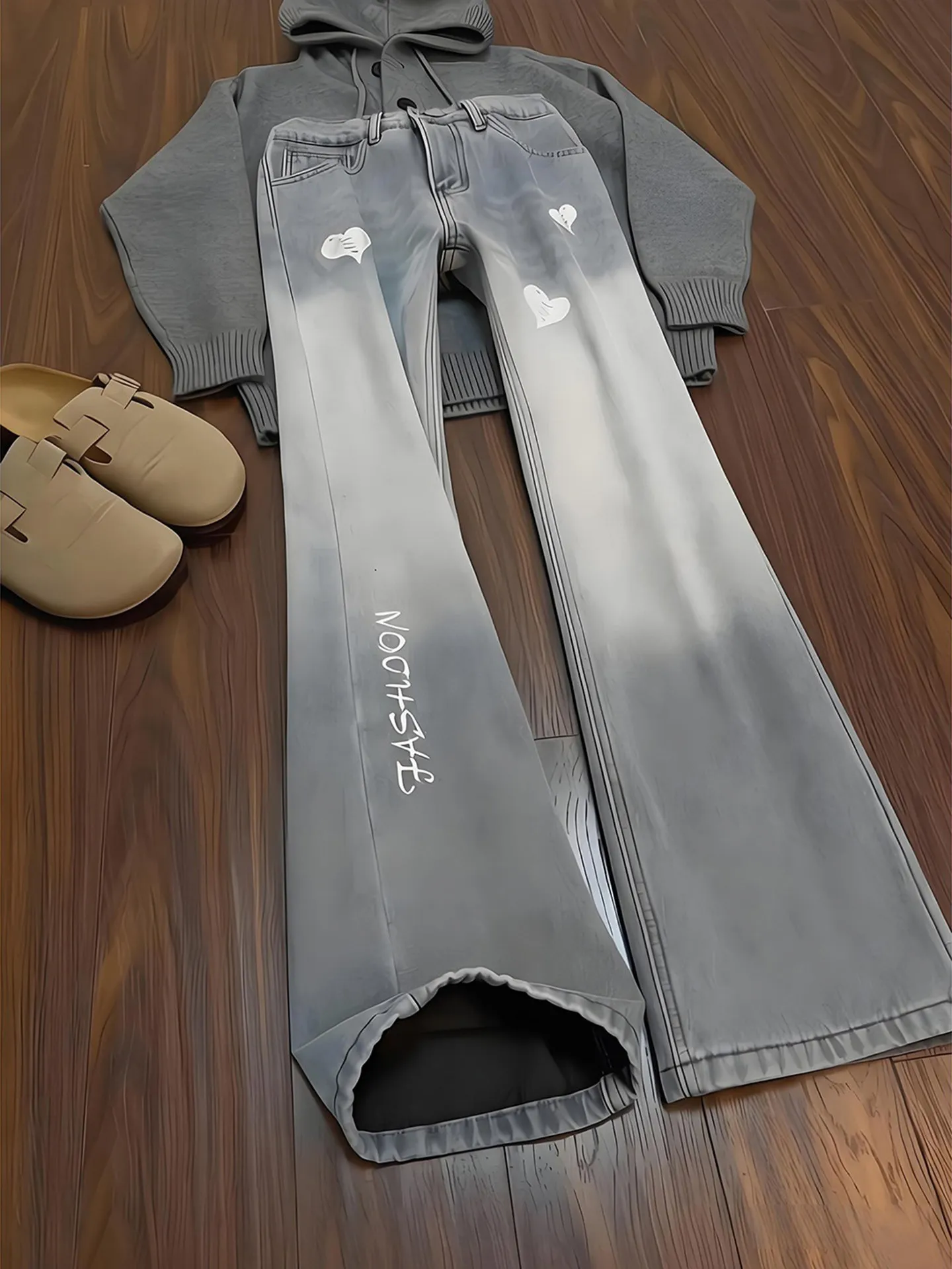 

Blue Embroidered adual Flared Jeans Men's American Vibe Leg Lengthening Straight Wide Leg Pants Casual Loose Fit Jeans