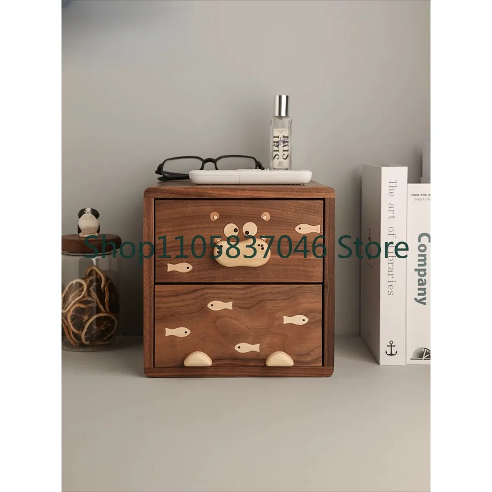 Double layer storage cabinet, black walnut desktop storage box, solid wood entrance drawer cabinet, jewelry box