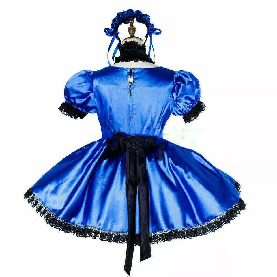 Сексуальная девушка Сисси синий атлас с короткими рукавами и кружевным краем, платье французской горничной, карнавальный костюм