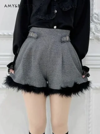 Japanese Mine Series Mass-produced Shorts Heavy Industry Rhinestone Love Buckle Plush Splicing Wide-leg Pants Sweet Cute Shorts