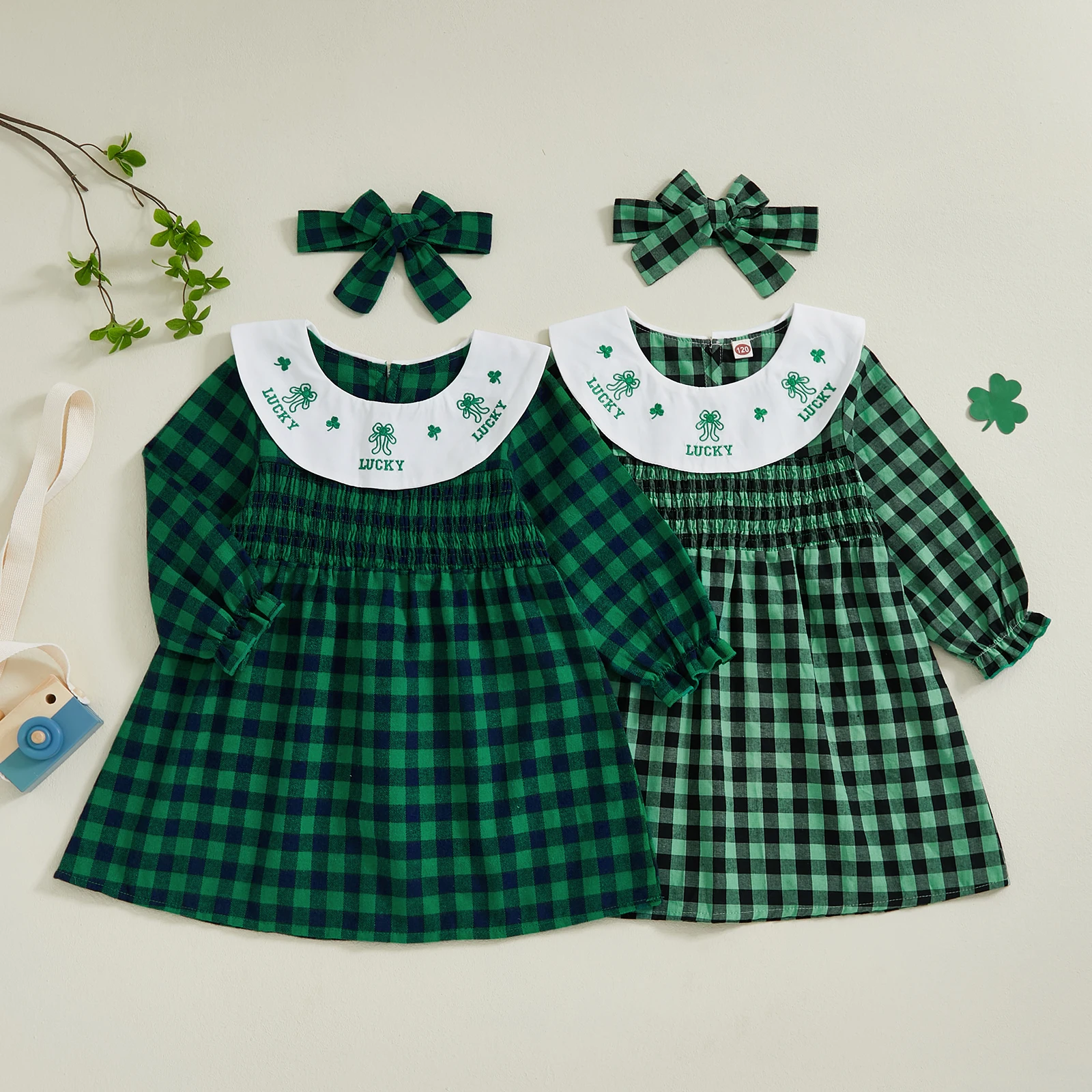 3-7Y Little Girl St.Patrick’sDay Dresses Lucky Clover Embroidery Shirred Doll Collar Long Sleeve A-line Dress with Bow Headband