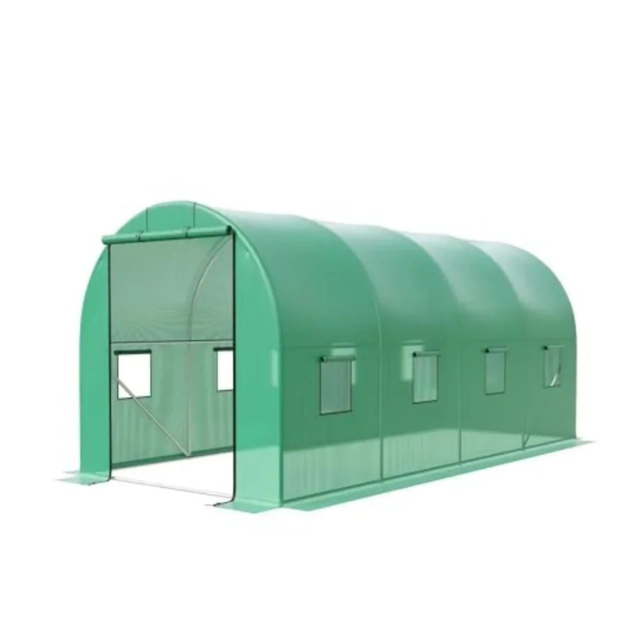 Outdoor gardening greenhouse: galvanized steel frame, green PE cover, 15x6.5x6.5 FT walk-in tunnel hoop house with rolling zipp