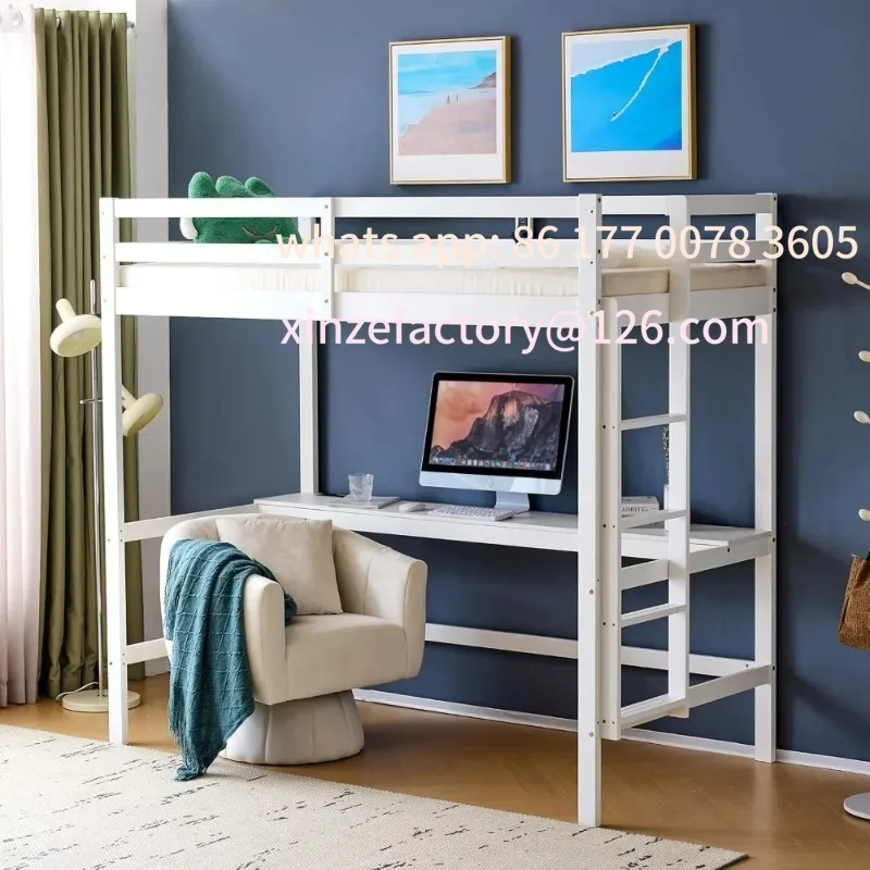

Customizable Twin Size Wood Bunk Bed with Desk and RGB LED Lighting, Adult Loft Bed with Charging Stations and High Guardrail