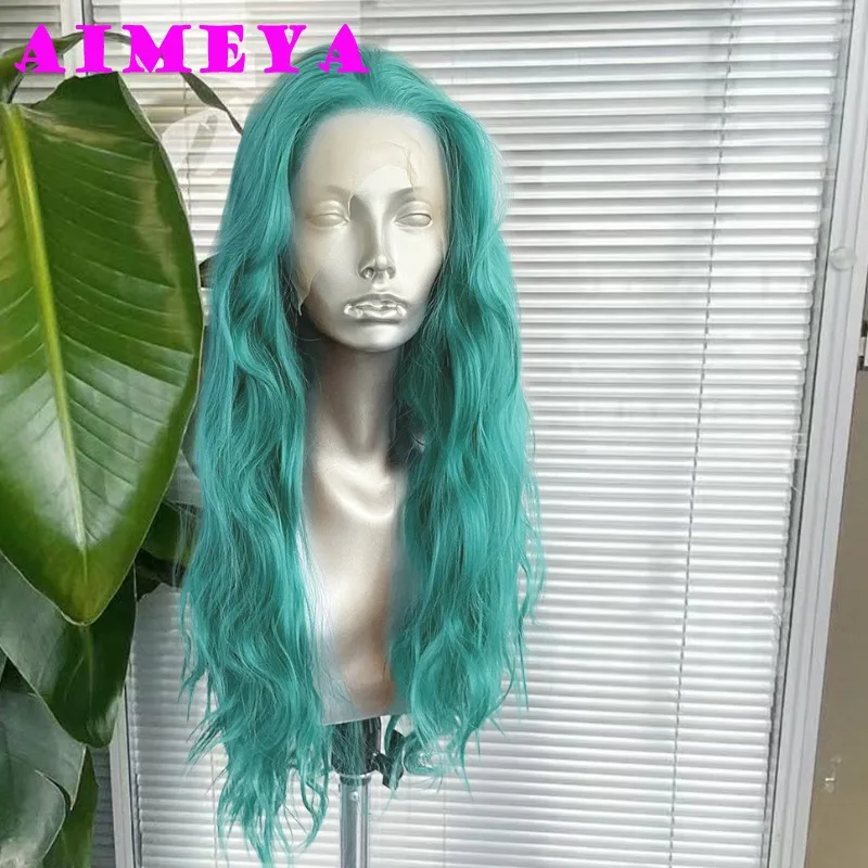 AIMEYA Green Lace Wig Long Loose Curly Teal Synthetic Lace Front Wig for Women Heat Resistant Hair Colorful Cosplay Daily Use