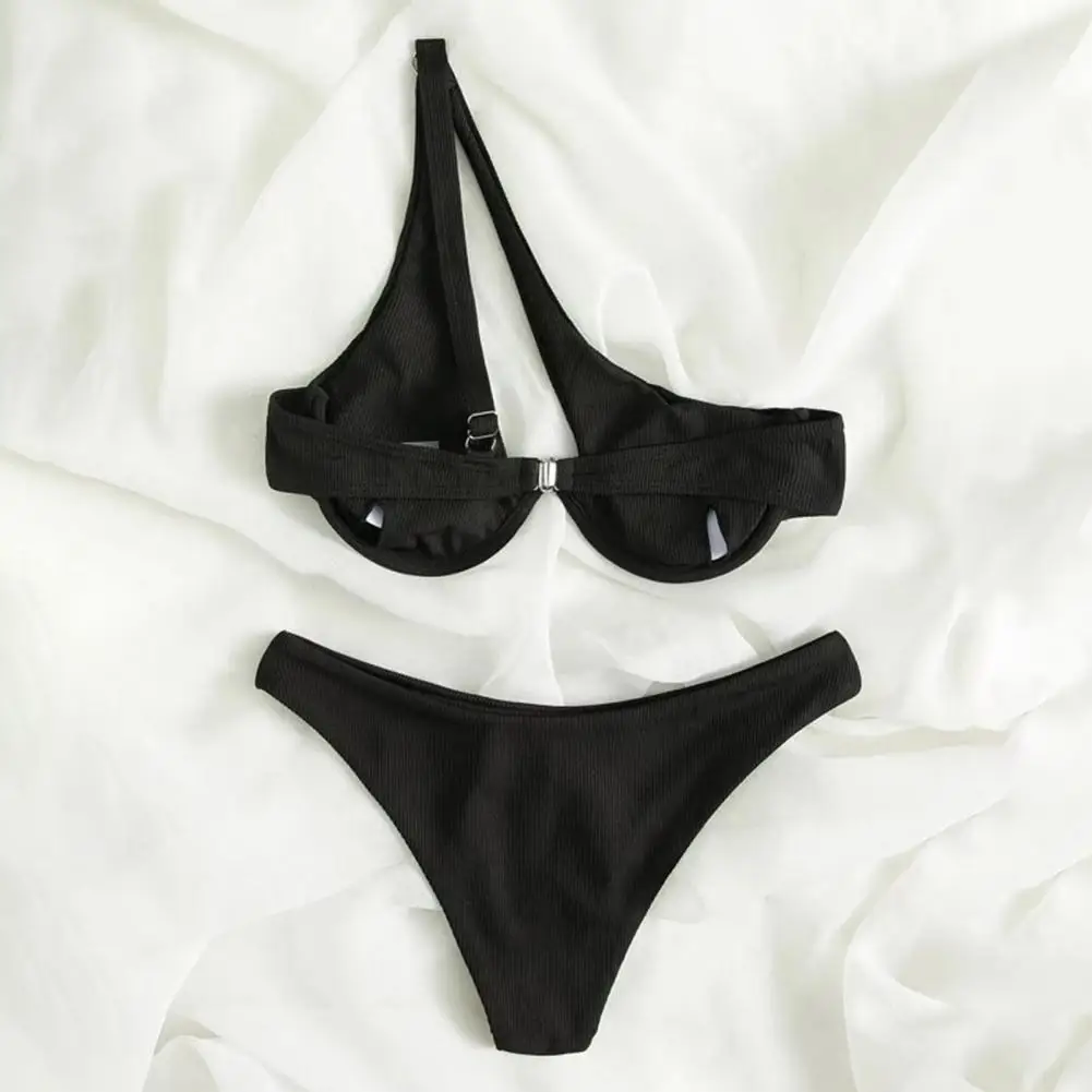 Conjunto de traje de baño de dos piezas para mujer, Bikini elegante de un hombro con cintura alta, ropa de baño de realce Con aros, Color sólido