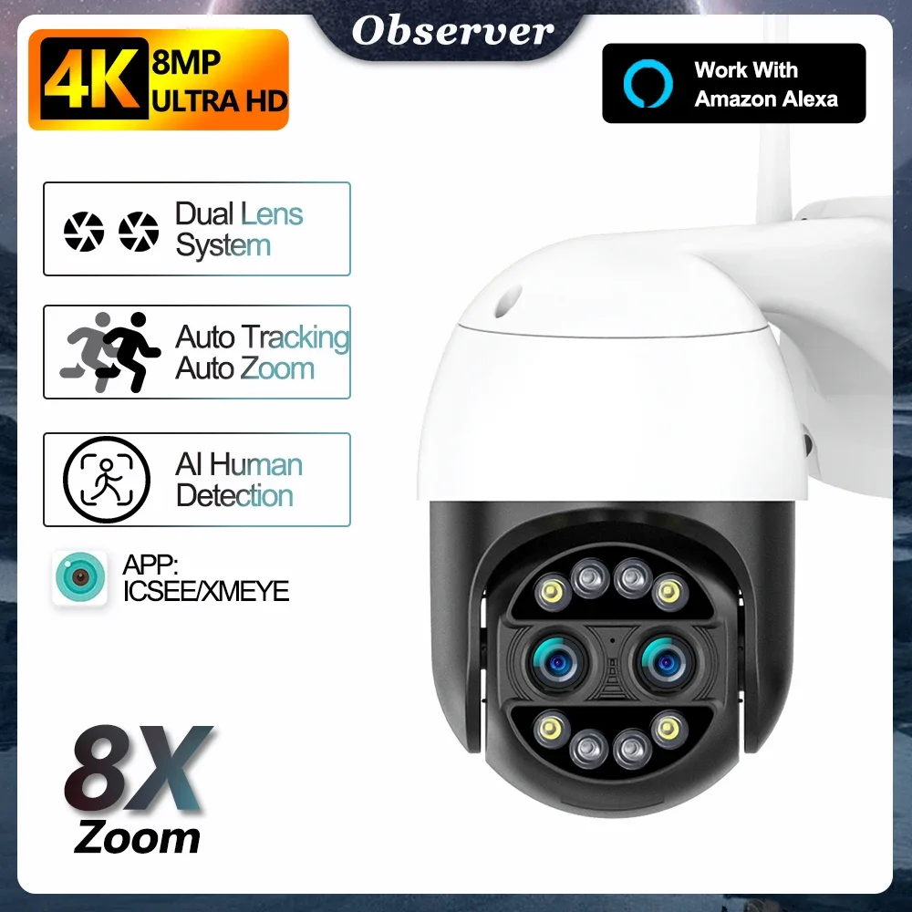 4K Binocular Camera Dual Lens Surveillance CCTV Outdoor WIFI 8x Zoom AI Detection IP Cam Security Protection Auto Tracking Alexa