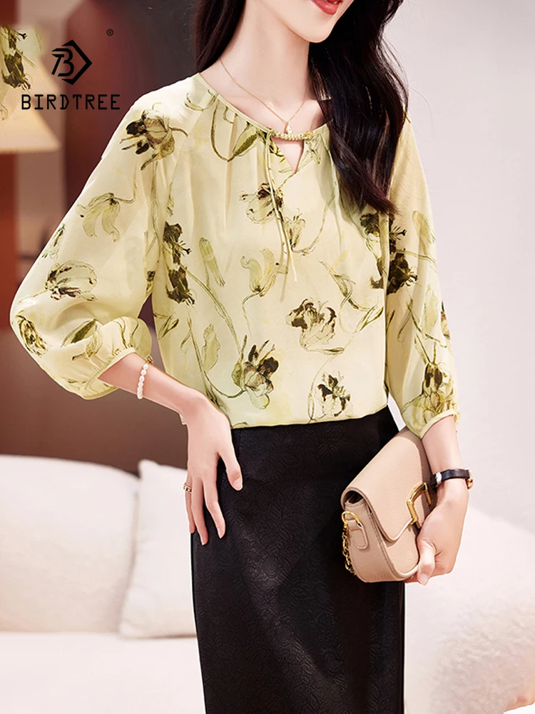 

BirdTree, 100%Real Silk Elegant Shirt, Women 3/4 Sleeve Tassel Printed, Fashion Commute Mom Tops, 2024 Summer Autumn T46427QC