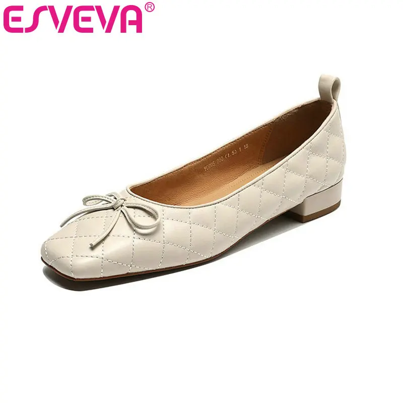 

ESVEVA 2024 Women Pumps Elegant Summer Office Ladies Casual Low Heels Black Square Toe Leather Shoes Woman Size 34-43